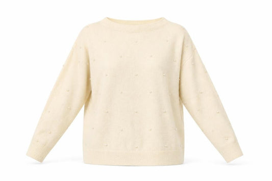 Front view of H&M women’s ivory round neck acrylic jumper, size S
