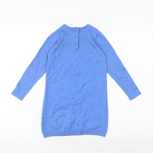 Marks and Spencer Girls Blue 100% Cotton Jumper Dress Size 4-5 Years Round Neck Button - Swan Print