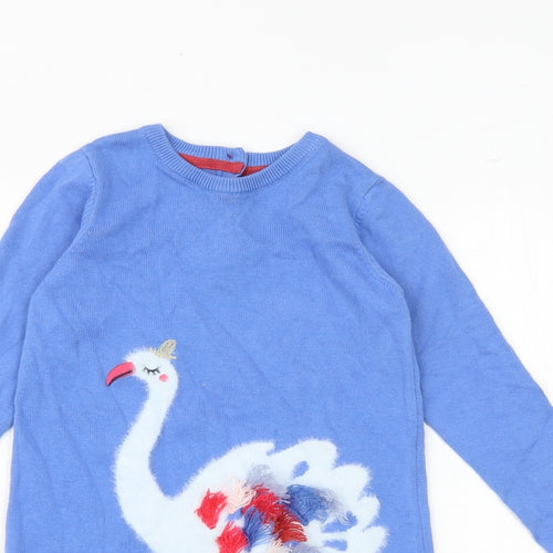Marks and Spencer Girls Blue 100% Cotton Jumper Dress Size 4-5 Years Round Neck Button - Swan Print