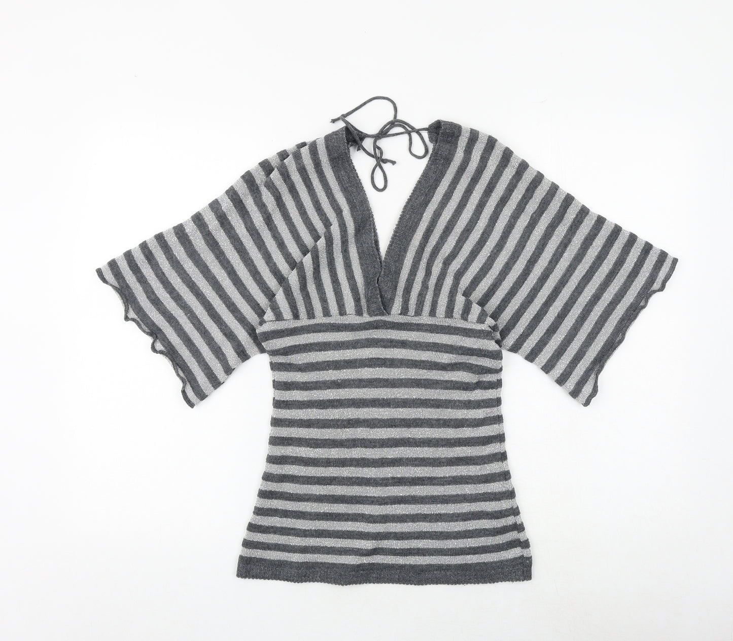 New Look Womens Grey Striped Acrylic Basic T-Shirt Size M V-Neck