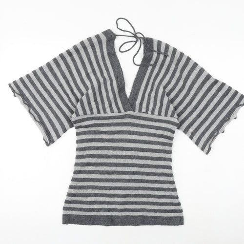 New Look Womens Grey Striped Acrylic Basic T-Shirt Size M V-Neck