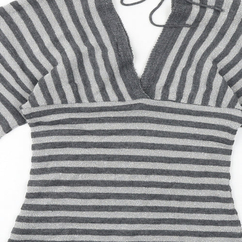 New Look Womens Grey Striped Acrylic Basic T-Shirt Size M V-Neck