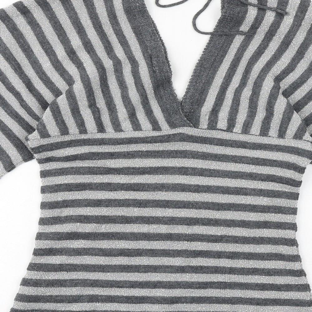 New Look Womens Grey Striped Acrylic Basic T-Shirt Size M V-Neck