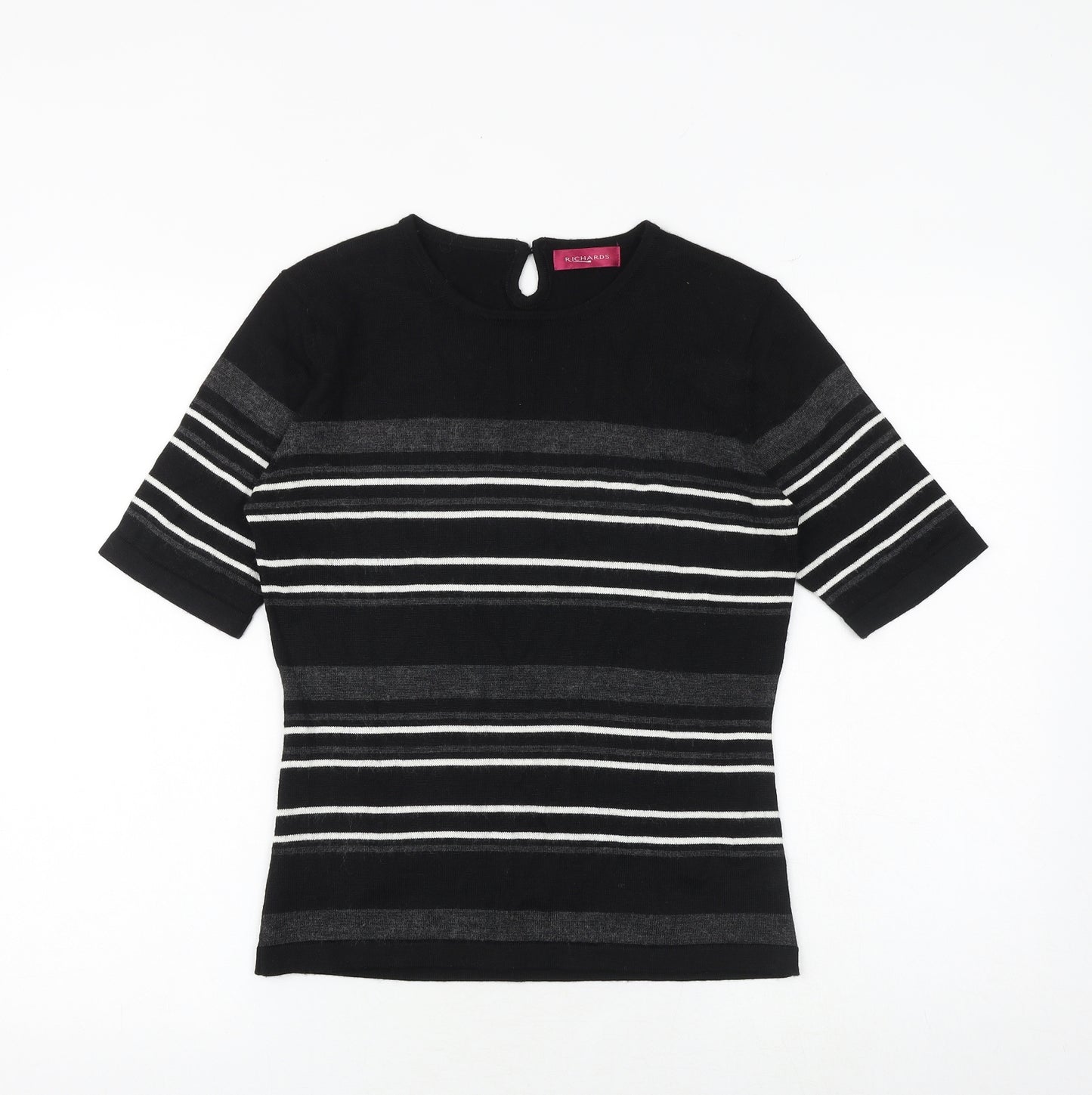 Richards Womens Black Striped Acrylic Basic T-Shirt Size M Round Neck