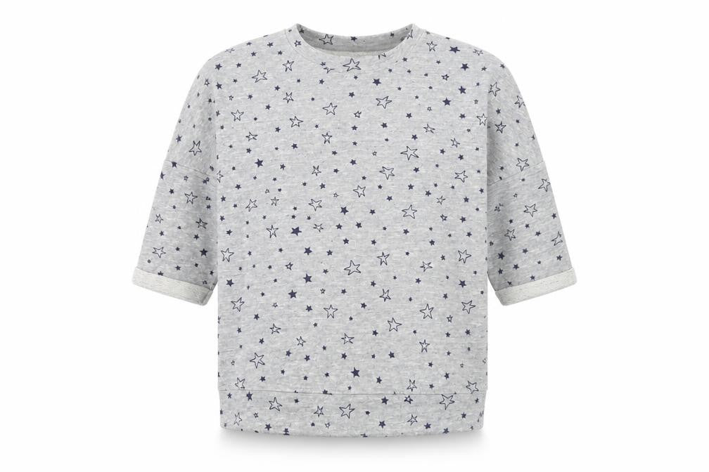 Front view of John Lewis women’s grey geometric cotton pullover sweatshirt, size UK 10, pullover - star pattern