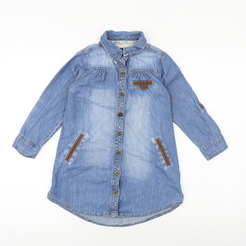 NEXT Girls Blue 100% Cotton Shirt Dress Size 8 Years Collared Button