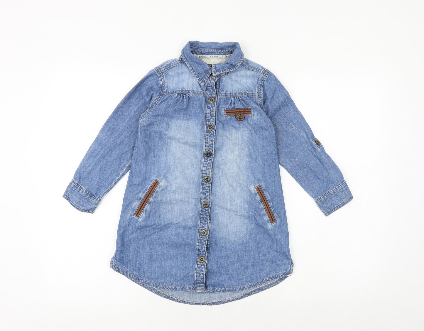 NEXT Girls Blue 100% Cotton Shirt Dress Size 8 Years Collared Button