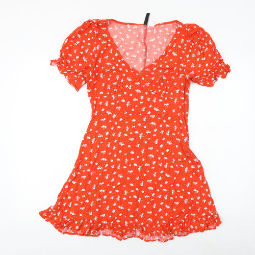 H&M Womens Red Floral Viscose Skater Dress Size 12 V-Neck Zip