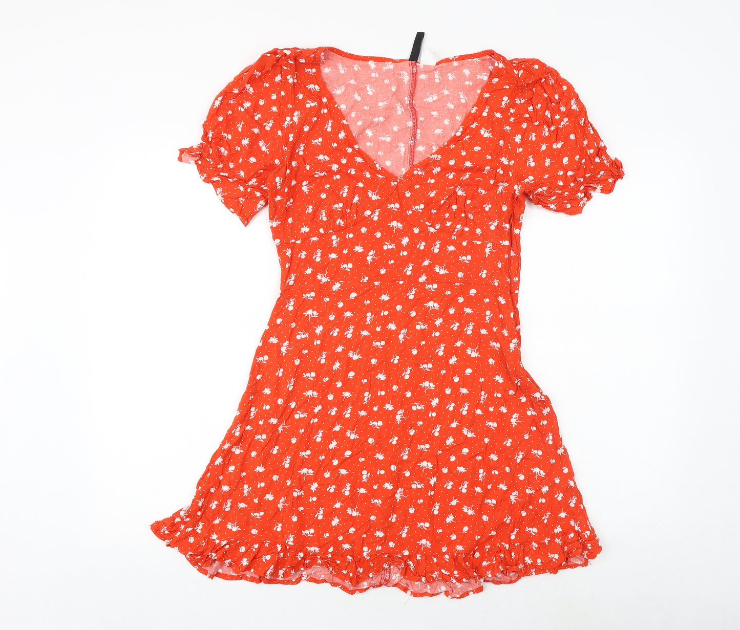 H&M Womens Red Floral Viscose Skater Dress Size 12 V-Neck Zip