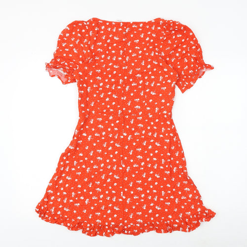 H&M Womens Red Floral Viscose Skater Dress Size 12 V-Neck Zip