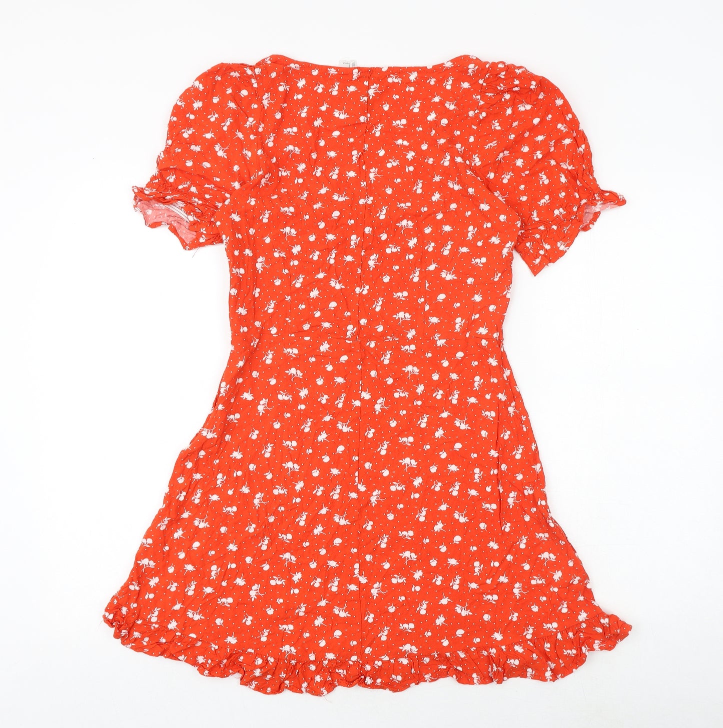 H&M Womens Red Floral Viscose Skater Dress Size 12 V-Neck Zip