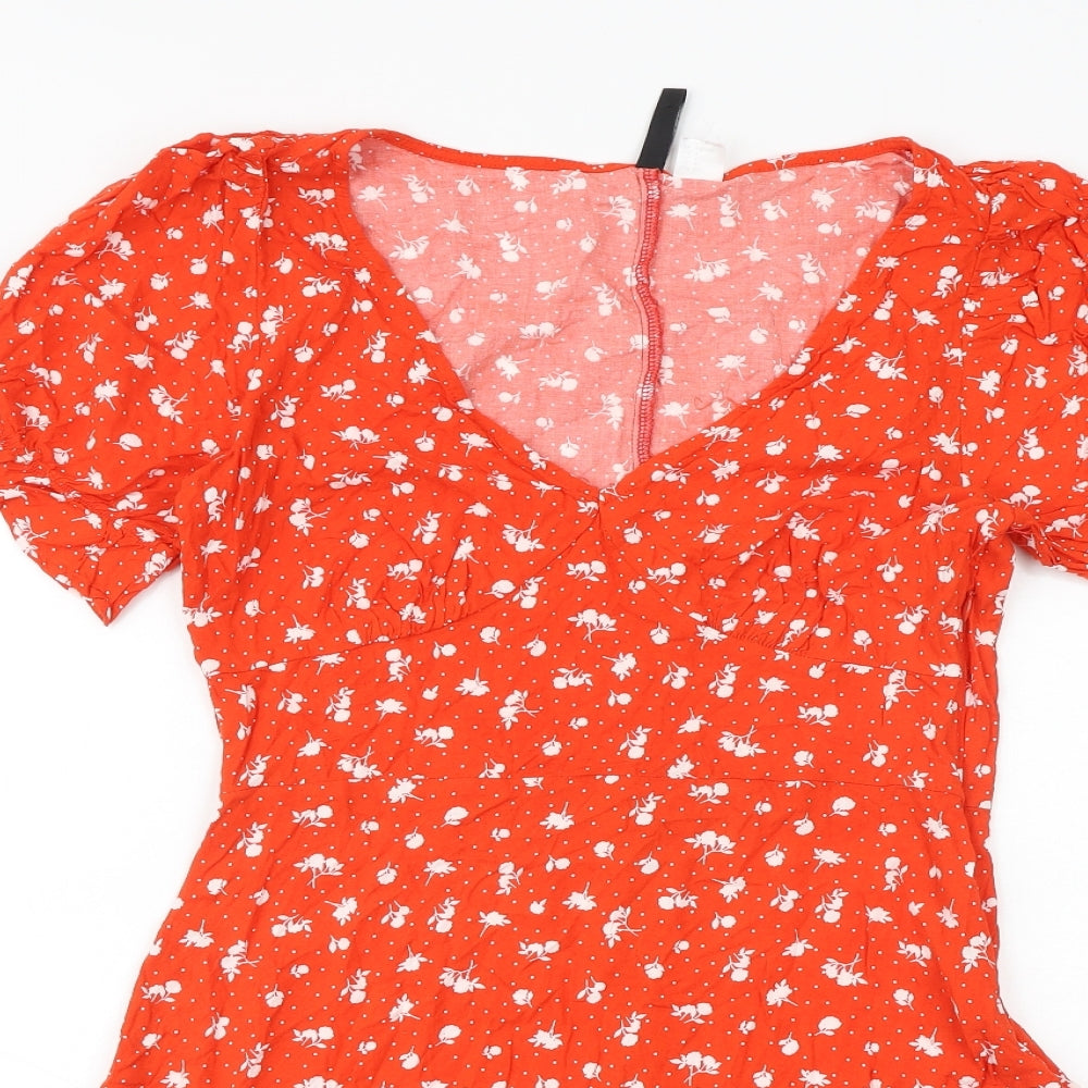 H&M Womens Red Floral Viscose Skater Dress Size 12 V-Neck Zip