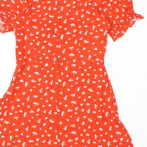 H&M Womens Red Floral Viscose Skater Dress Size 12 V-Neck Zip