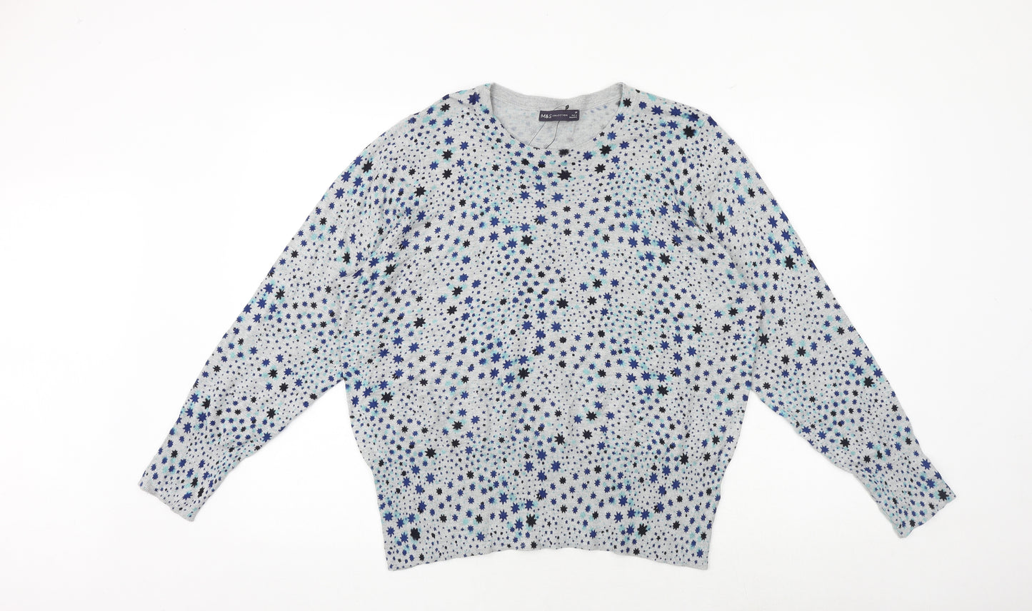 Marks and Spencer Womens Grey Round Neck Geometric Viscose Pullover Jumper Size 20 - Star Pattern
