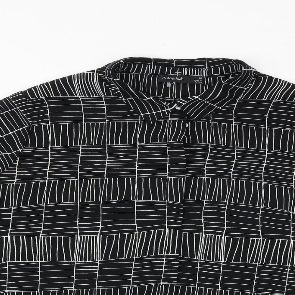 Autograph Womens Black Geometric Polyester Basic Button-Up Size 16 Collared