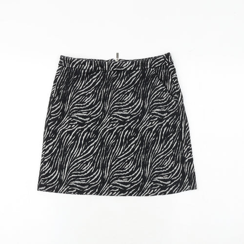 NEXT Womens Black Animal Print Cotton A-Line Skirt Size 6 Zip - Zebra Pattern