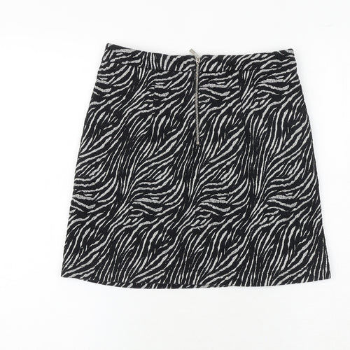 NEXT Womens Black Animal Print Cotton A-Line Skirt Size 6 Zip - Zebra Pattern