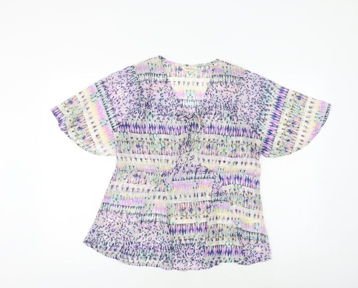 Marks and Spencer Womens Multicoloured Geometric Polyester Basic Blouse Size 10 V-Neck - Angel Sleeve