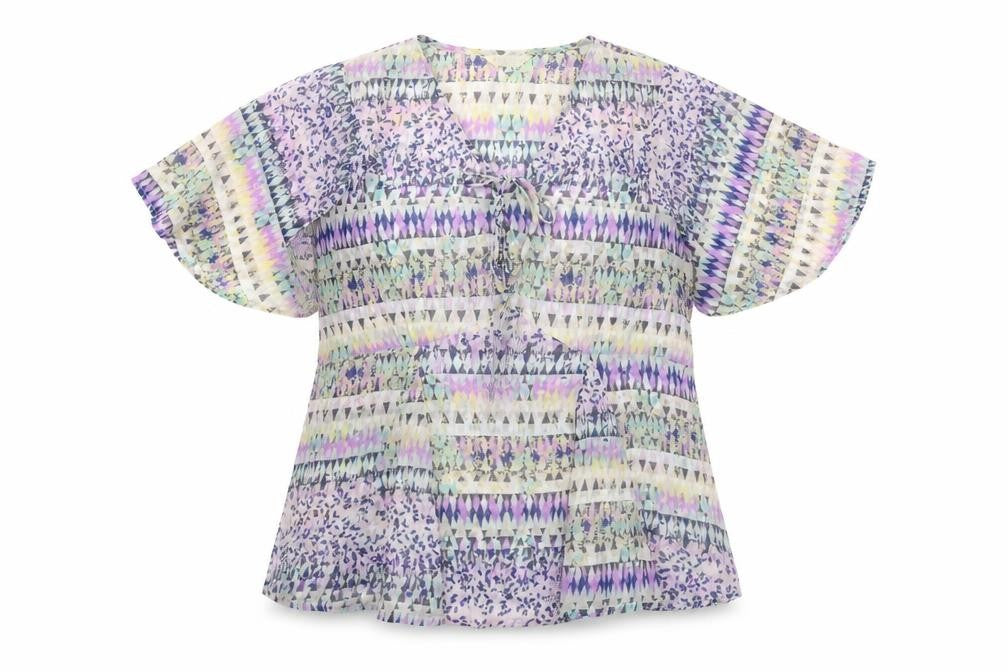 Front view of Marks & Spencer women’s multicoloured geometric polyester basic blouse, size UK 10, v-neck - angel sleeve