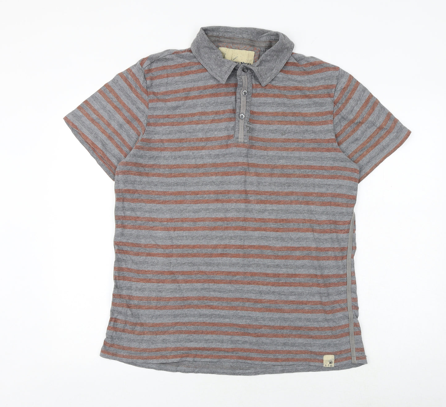 John Rocha Mens Grey Striped 100% Cotton Polo Size L Collared Button