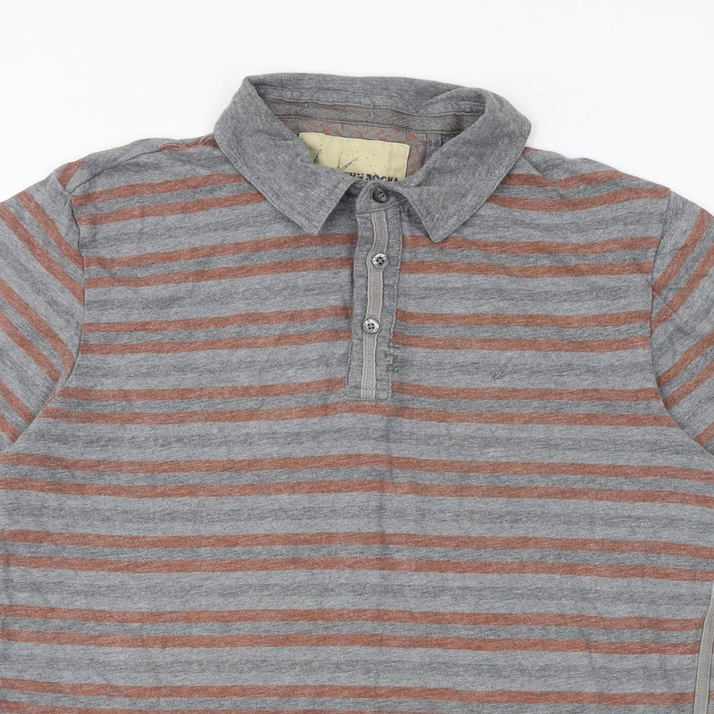 John Rocha Mens Grey Striped 100% Cotton Polo Size L Collared Button