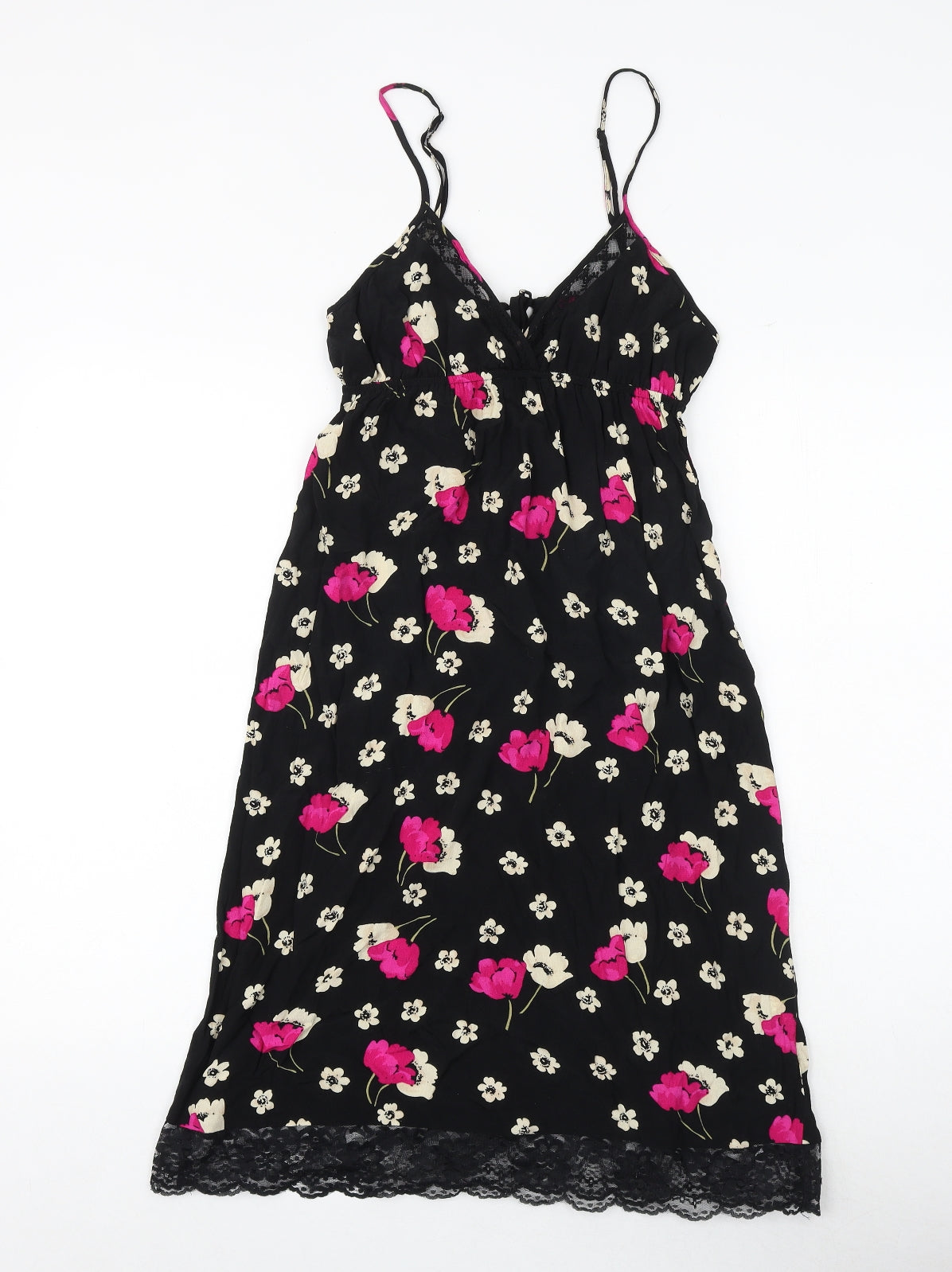 FOREVER 21 Womens Black Floral Polyester Slip Dress Size S V-Neck Tie