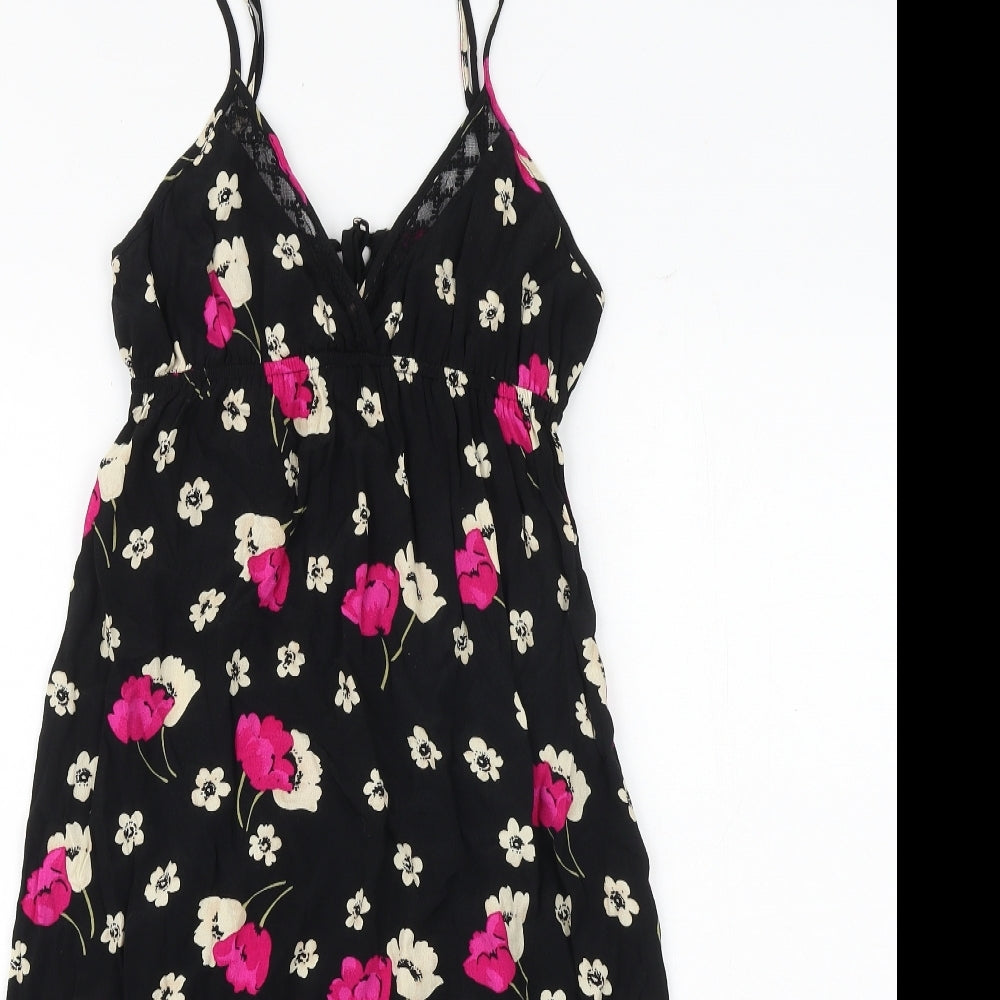FOREVER 21 Womens Black Floral Polyester Slip Dress Size S V-Neck Tie