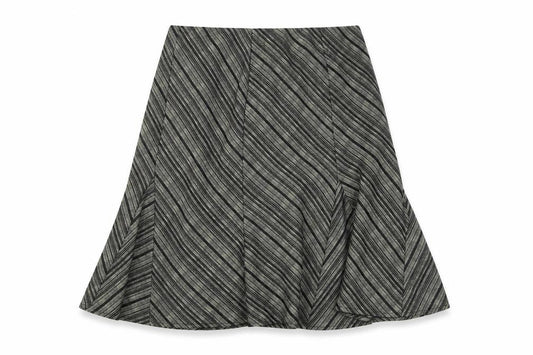 Front view of Marks & Spencer women’s black striped polyester swing skirt, size UK 14
