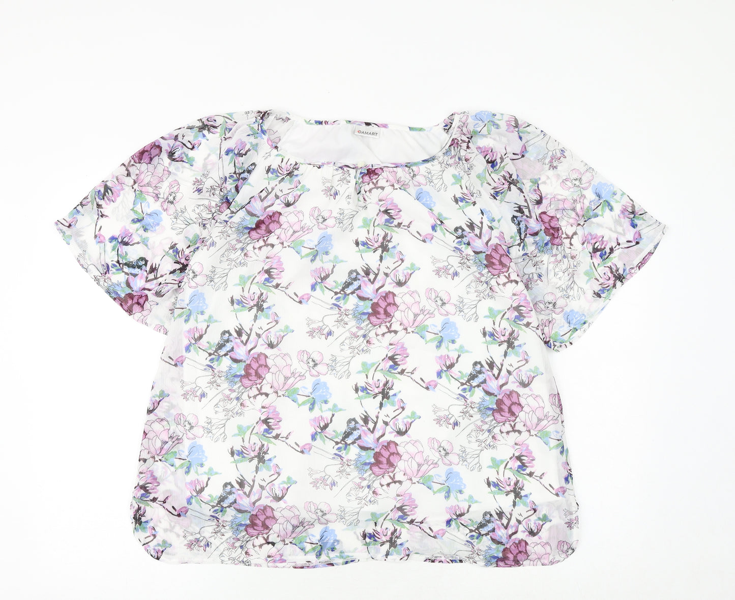Damart Womens White Floral Polyester Basic Blouse Size 12 Boat Neck