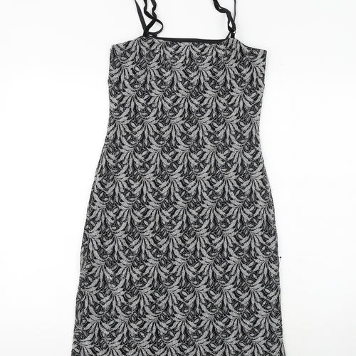 New Look Womens Black Geometric Nylon Slip Dress Size 12 Square Neck