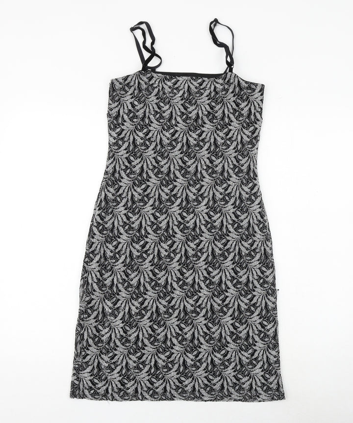 New Look Womens Black Geometric Nylon Slip Dress Size 12 Square Neck
