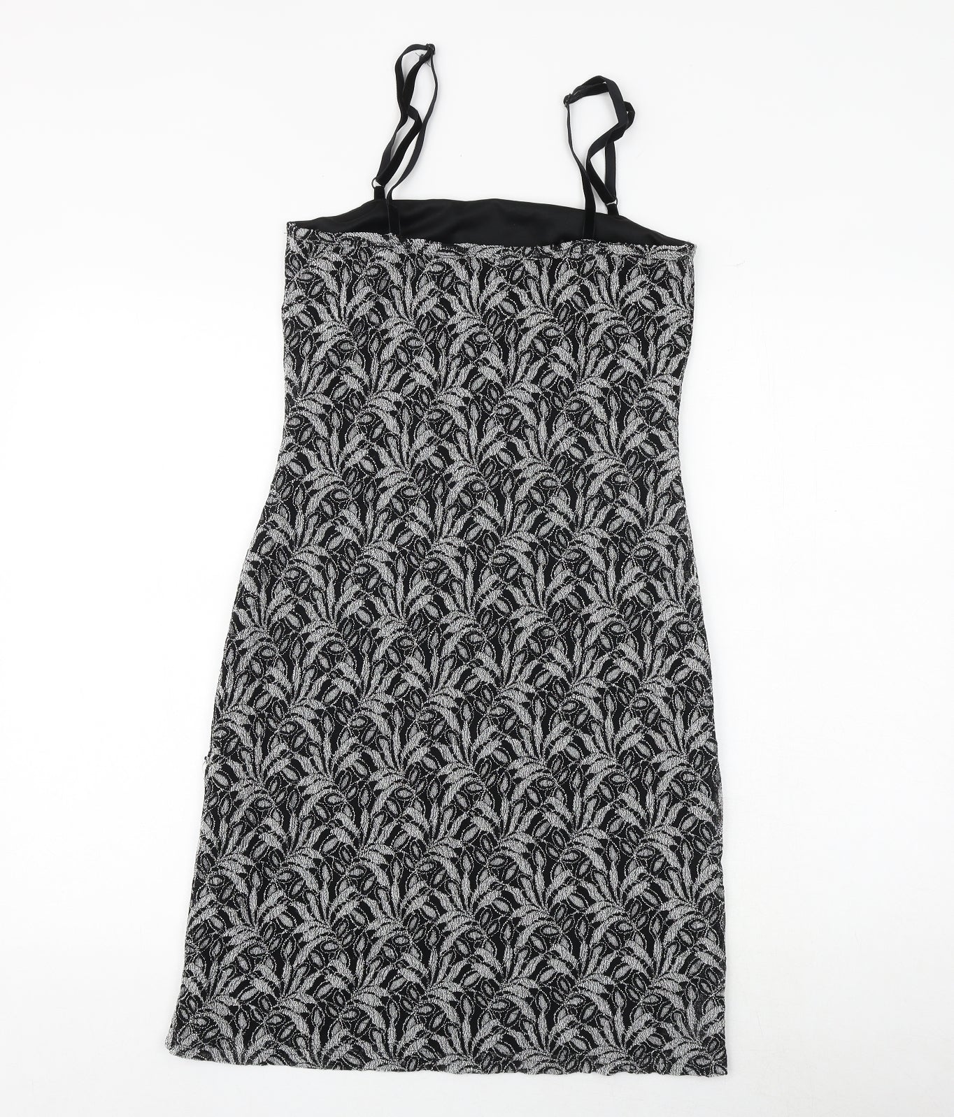 New Look Womens Black Geometric Nylon Slip Dress Size 12 Square Neck