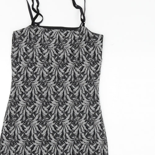 New Look Womens Black Geometric Nylon Slip Dress Size 12 Square Neck
