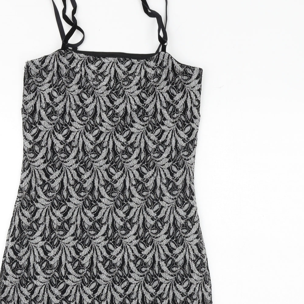 New Look Womens Black Geometric Nylon Slip Dress Size 12 Square Neck