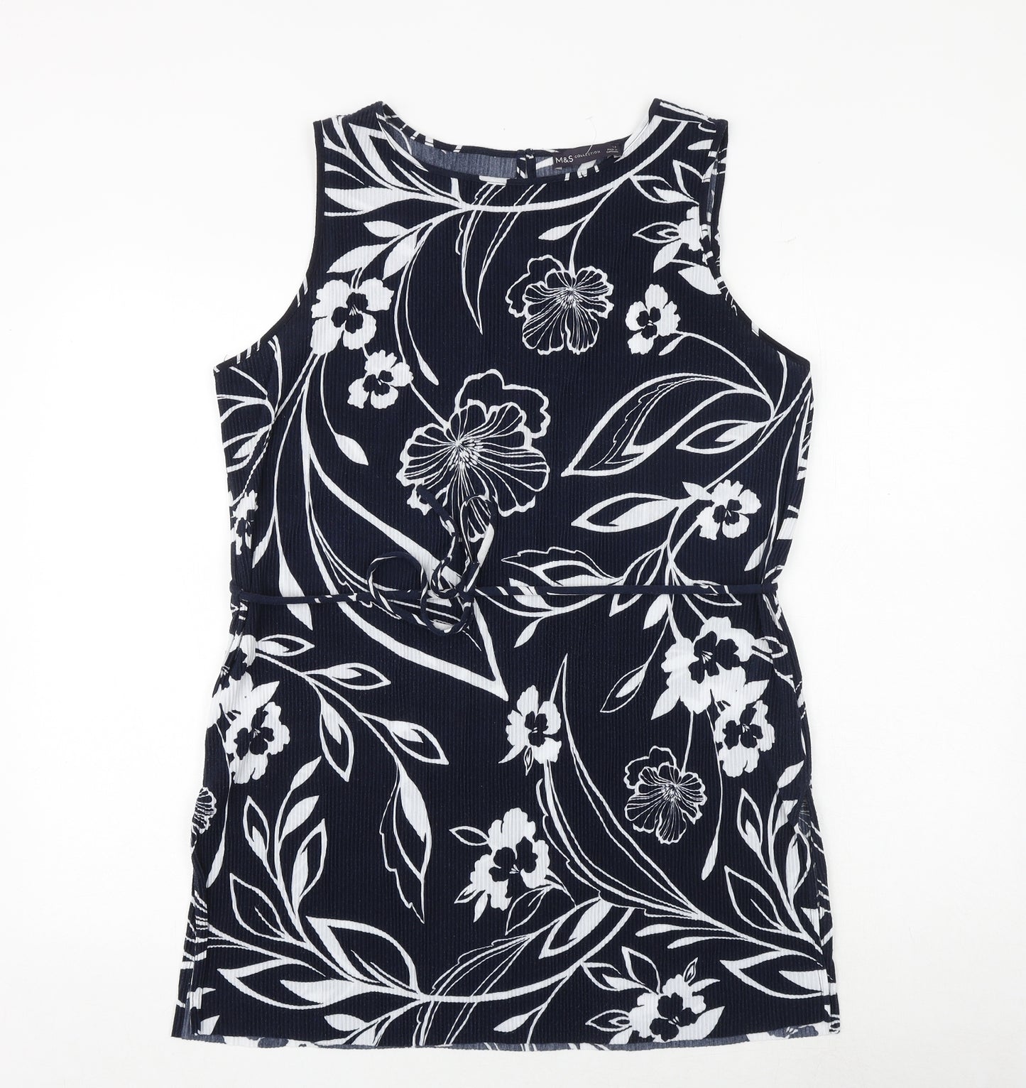 Marks and Spencer Womens Blue Floral Polyester Tunic Blouse Size 14 Boat Neck