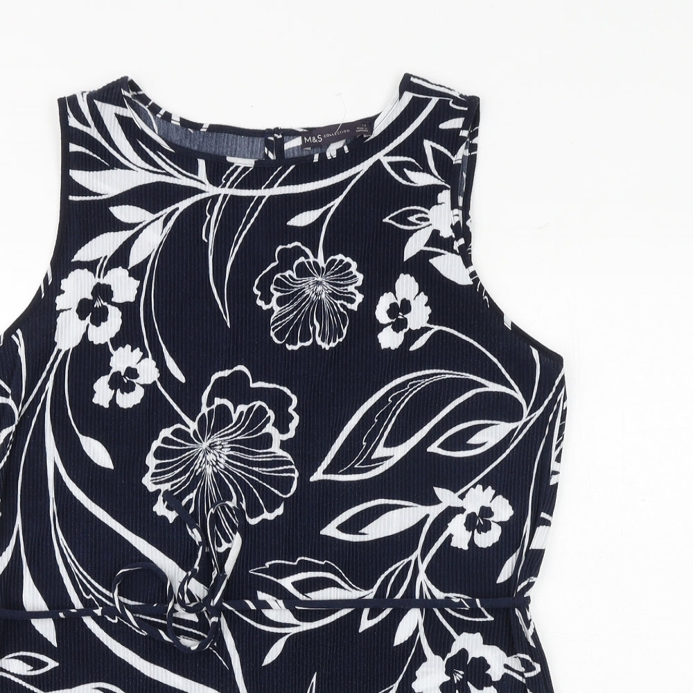 Marks and Spencer Womens Blue Floral Polyester Tunic Blouse Size 14 Boat Neck