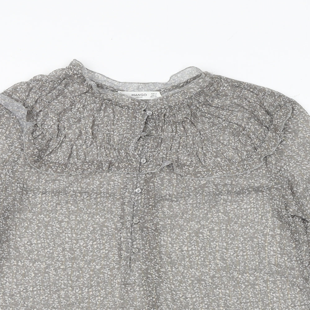 Mango Womens Grey Floral Polyester Basic Blouse Size S Round Neck