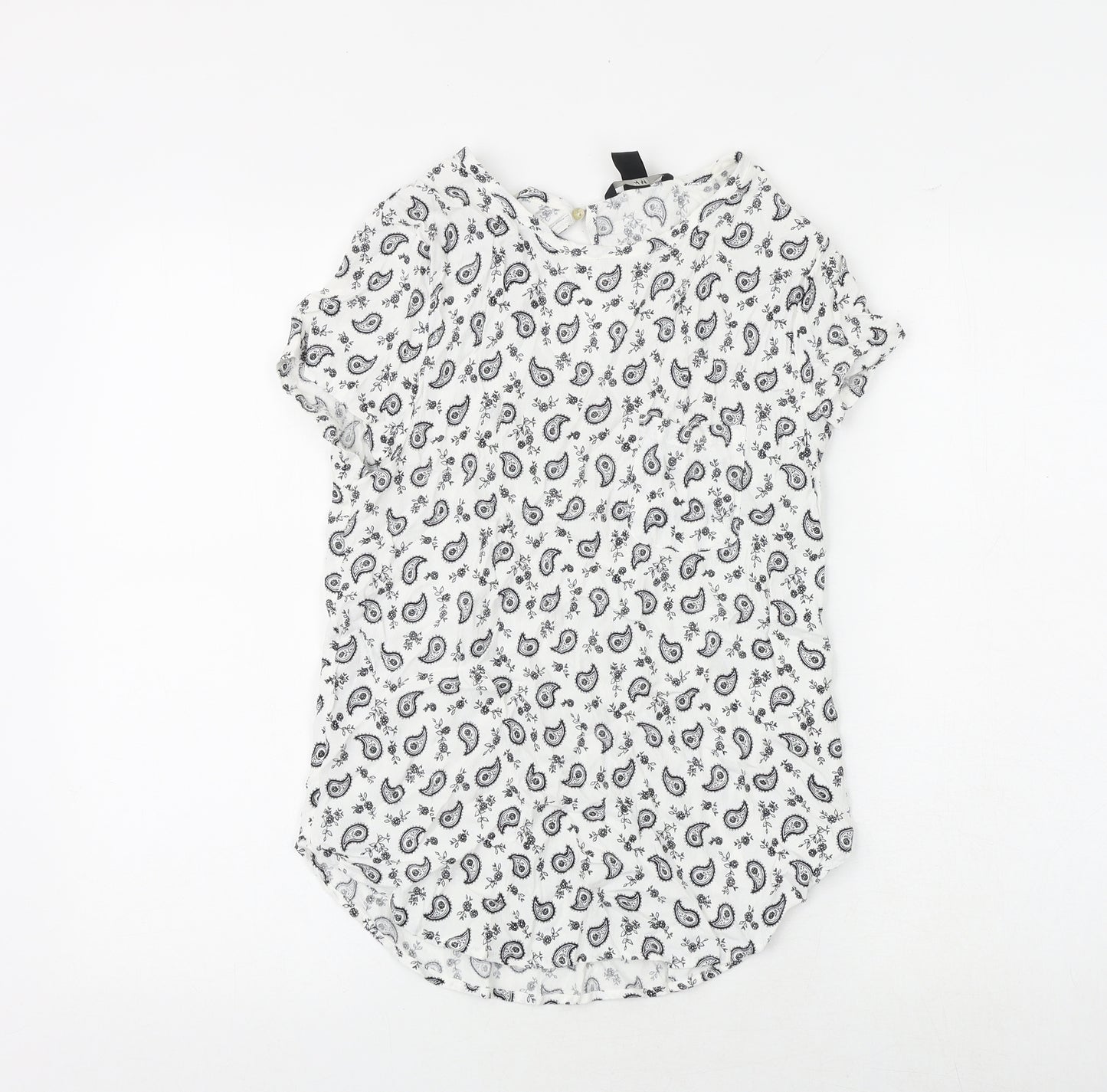 H&M Womens White Paisley Viscose Basic Blouse Size 8 Boat Neck
