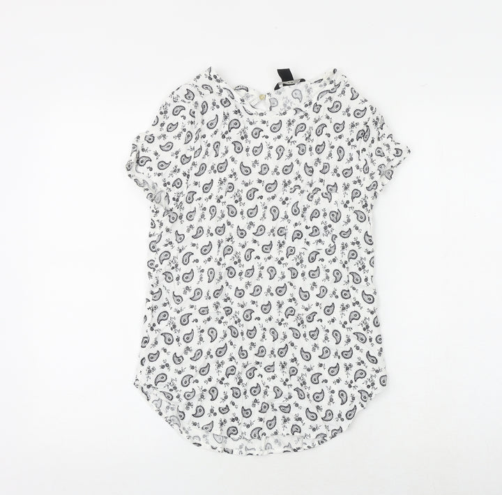 H&M Womens White Paisley Viscose Basic Blouse Size 8 Boat Neck