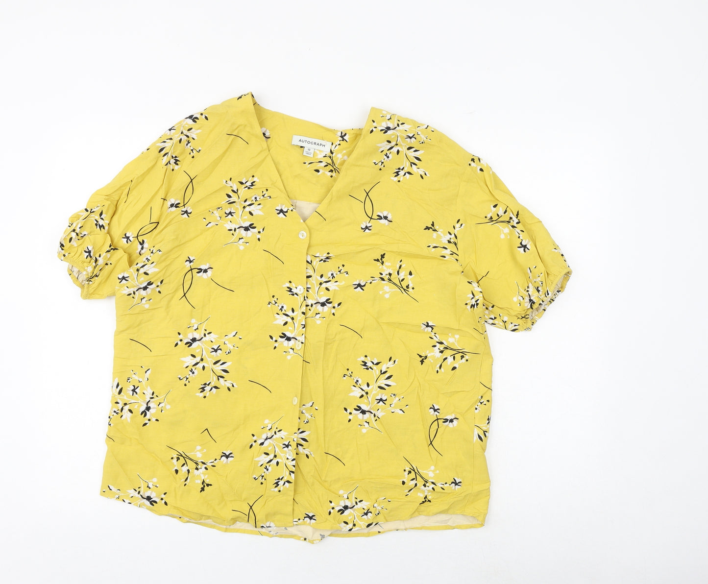 Autograph Womens Yellow Floral Viscose Basic Button-Up Size 10 V-Neck