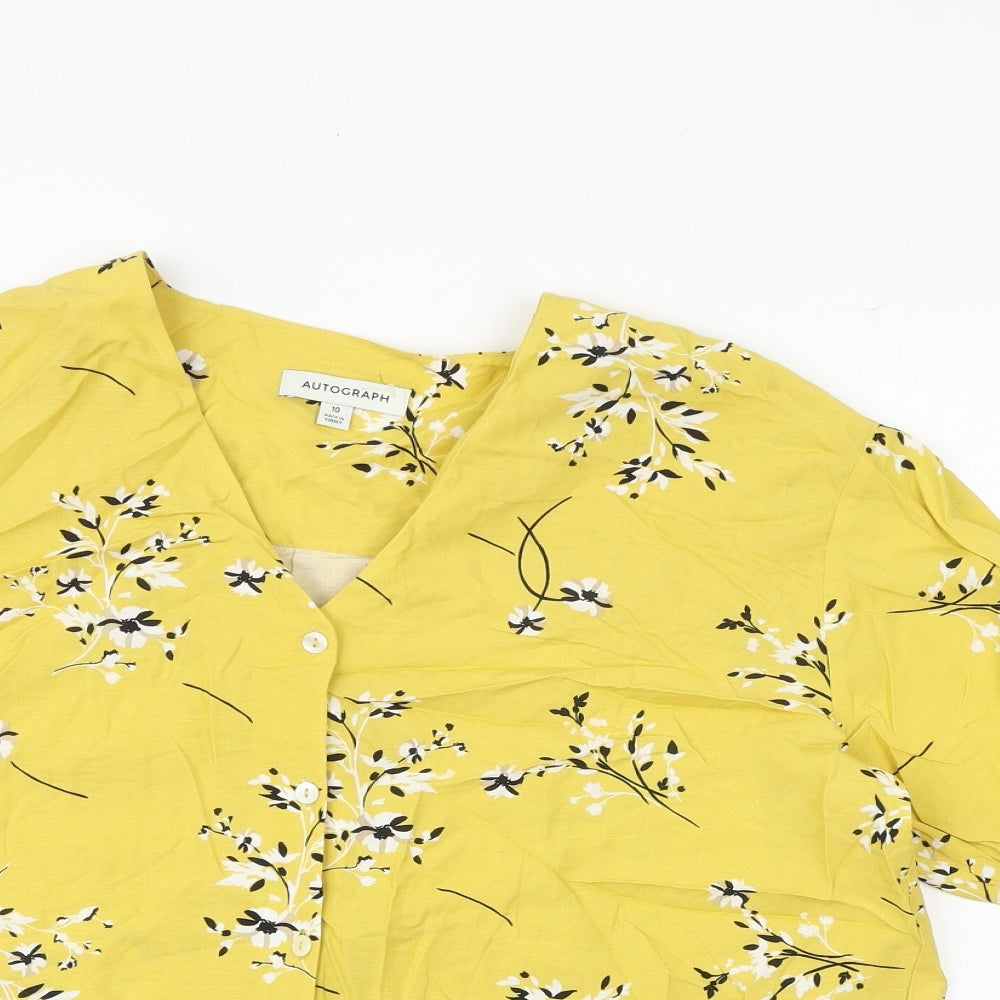 Autograph Womens Yellow Floral Viscose Basic Button-Up Size 10 V-Neck