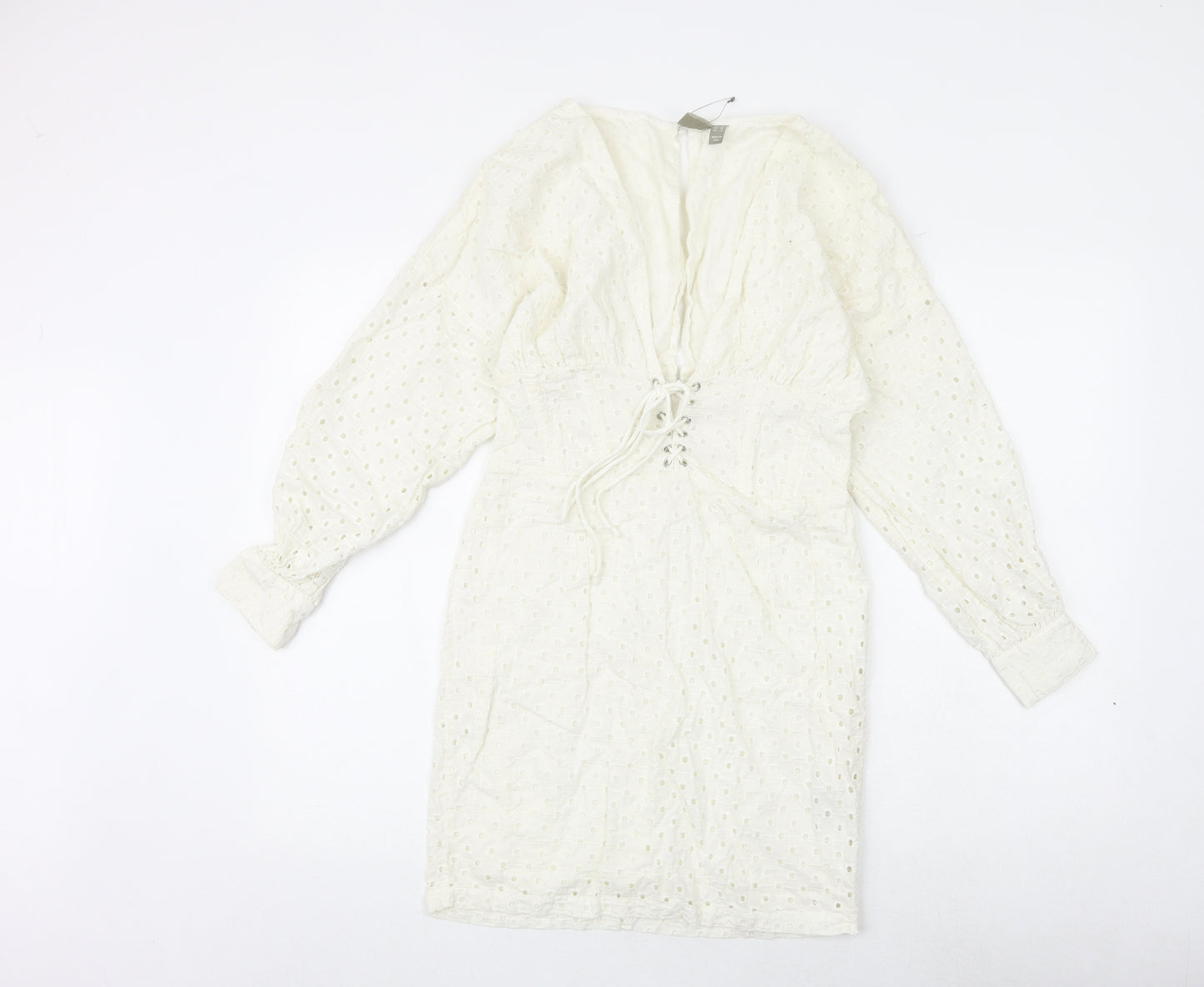 ASOS Womens White Geometric 100% Cotton A-Line Size 8 V-Neck Button