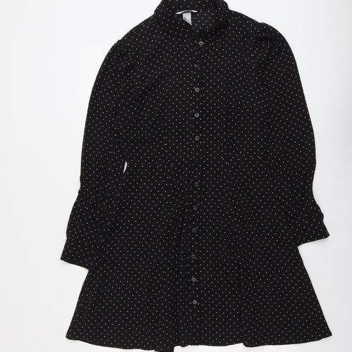 H&M Womens Black Polka Dot Polyester Shirt Dress Size 10 Collared Button