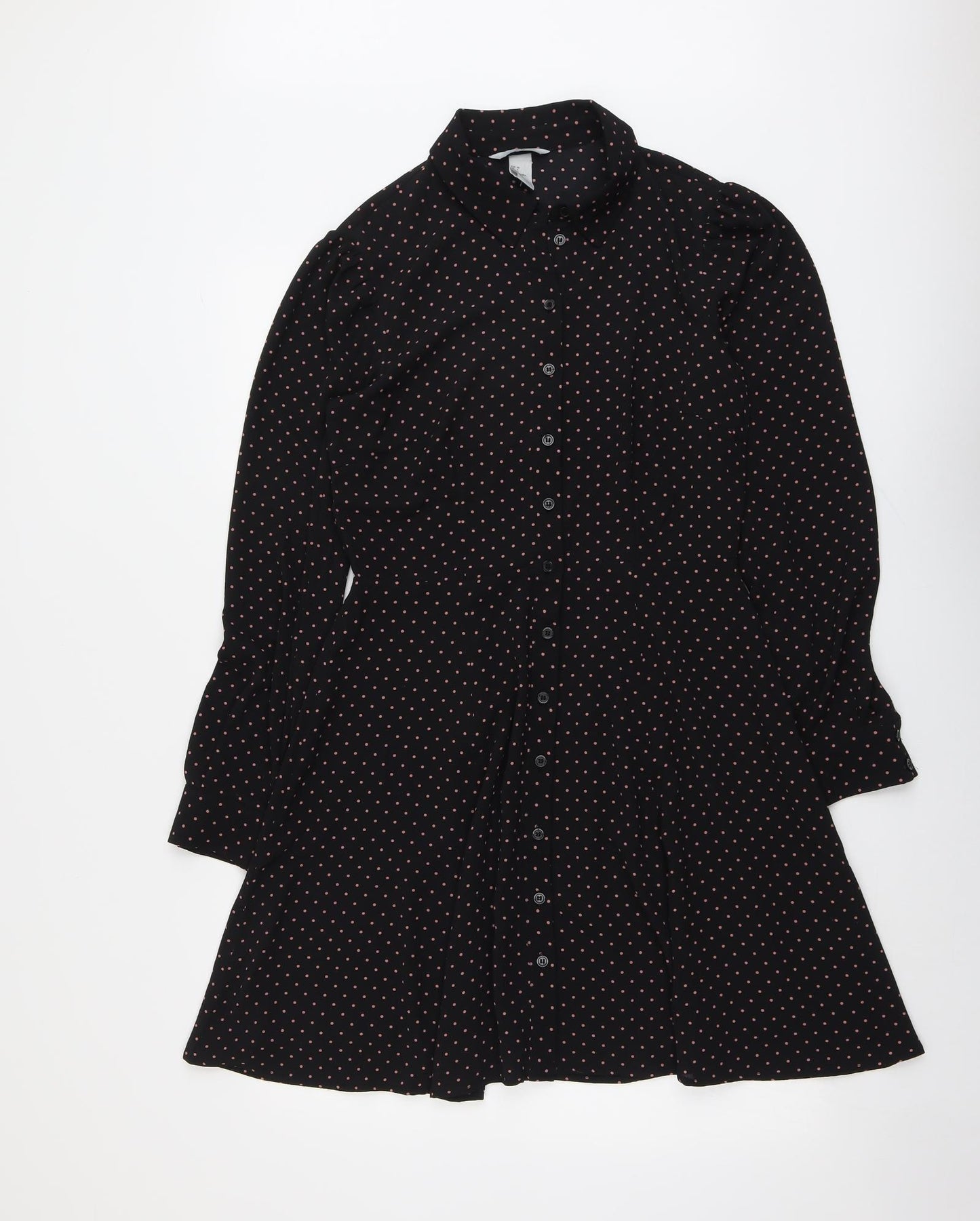 H&M Womens Black Polka Dot Polyester Shirt Dress Size 10 Collared Button