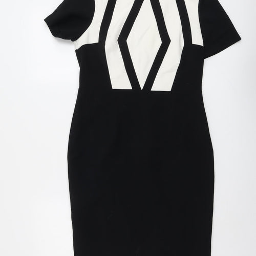 Marks and Spencer Womens Black Geometric Polyester Shift Size 10 Round Neck Zip