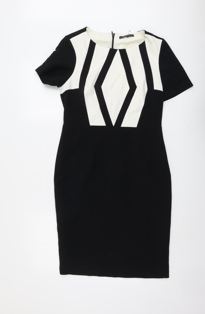 Marks and Spencer Womens Black Geometric Polyester Shift Size 10 Round Neck Zip