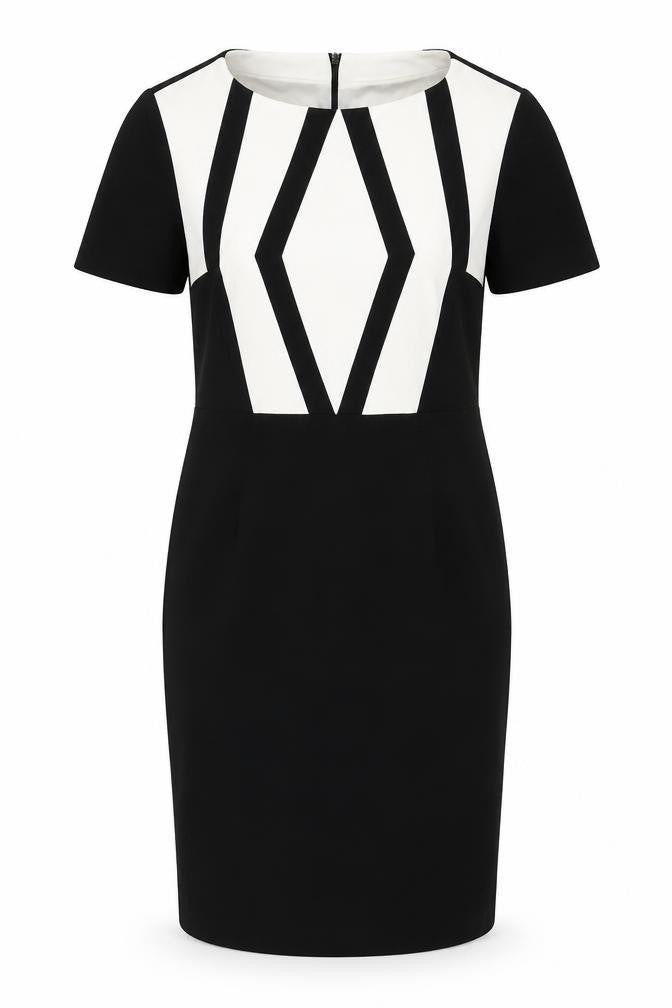 Front view of Marks & Spencer women’s black geometric polyester shift, size UK 10, round neck zip