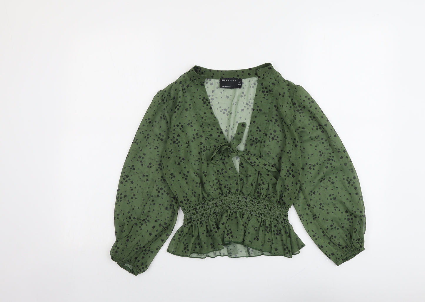 ASOS Womens Green Geometric Polyester Basic Blouse Size 8 V-Neck - Star Print