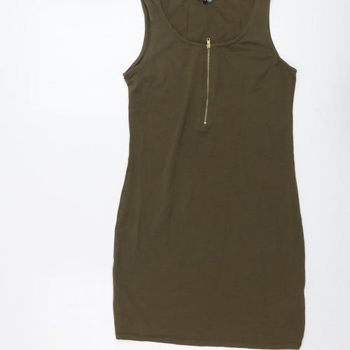 New Look Womens Green Cotton Tank Dress Size 12 Round Neck Zip