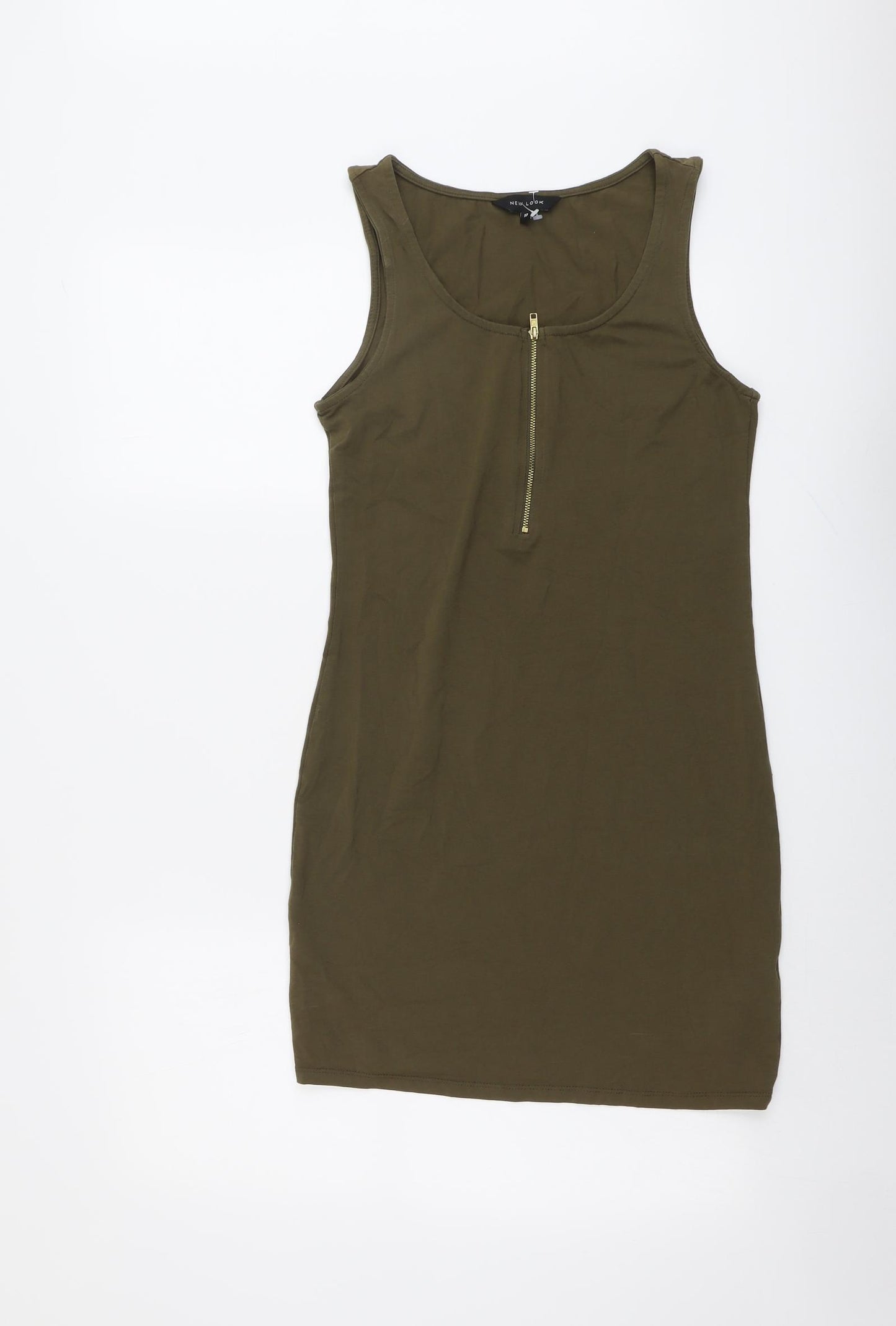 New Look Womens Green Cotton Tank Dress Size 12 Round Neck Zip